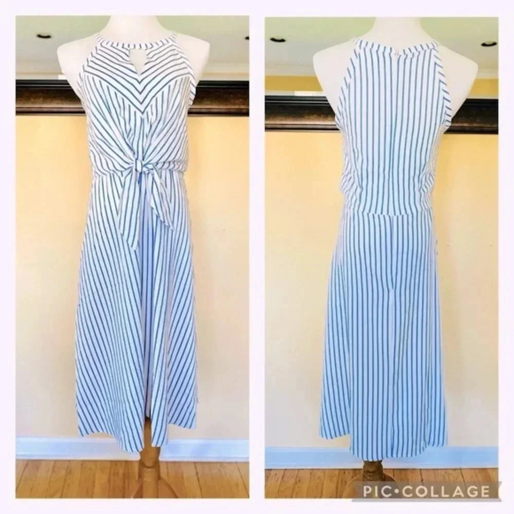 London Times Striped Halter Midi Dress Blue White Tie Front 8 NWOT - Picture 2 of 10